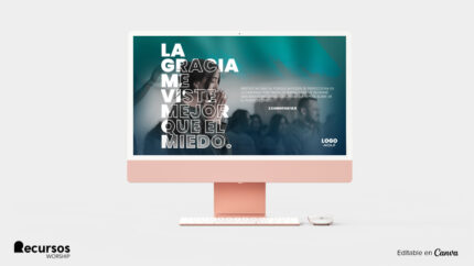 Representación de la plantilla de texto estético sobre una pantalla panorámica de templo