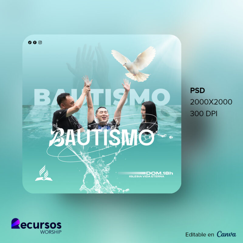 diseño editable de bautismo para iglesia en color aguamarina