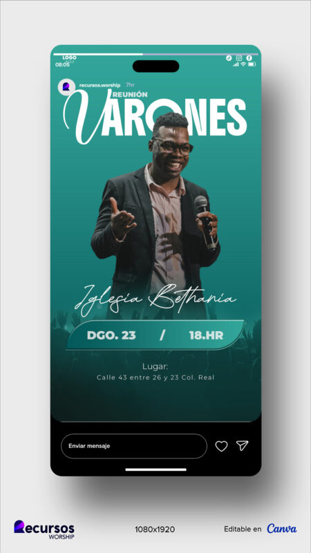 Visualización de poster para varones cristianos en formato vertical con tonos turquesas.