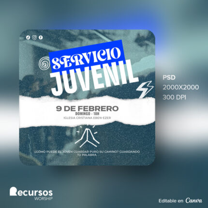 Maqueta digital de la plantilla sobre un evento de servicio juvenil cristiano editable