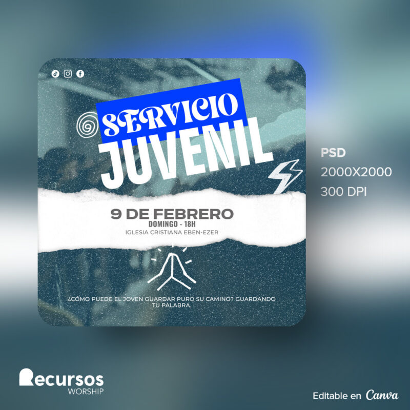 Maqueta digital de la plantilla sobre un evento de servicio juvenil cristiano editable