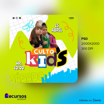plantilla de culto infantil colorido dominical editable para eventos cristianos