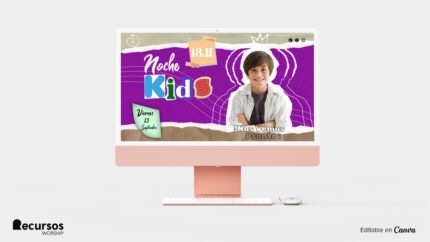 diseño publicitario para iglesia con temática de noche infantil en formato panorámico