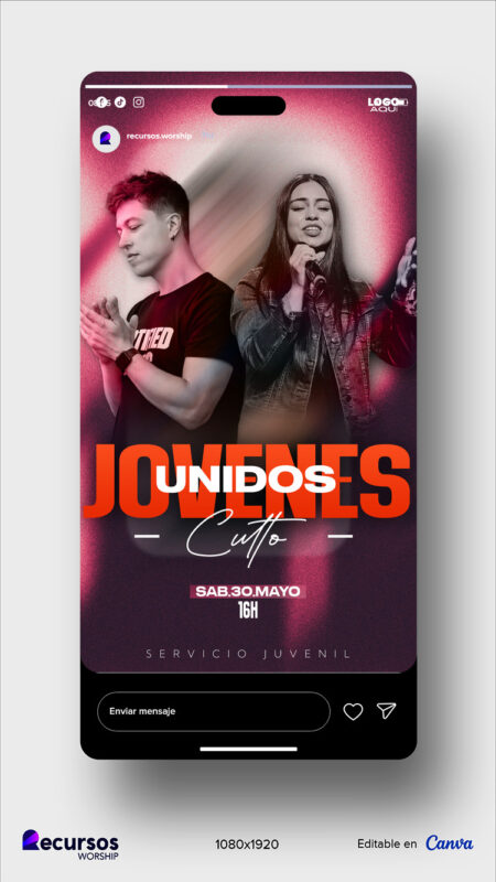 Visualización realista del diseño para redes sociales de adoración juvenil en un dispositivo móvil.