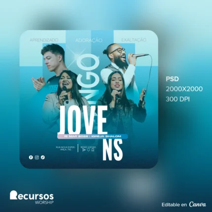 Modelo de Culto Jovem para Eventos de Adoração Dinâmica | Design Azul 1:1 para Redes Canva — mockup, 1:1