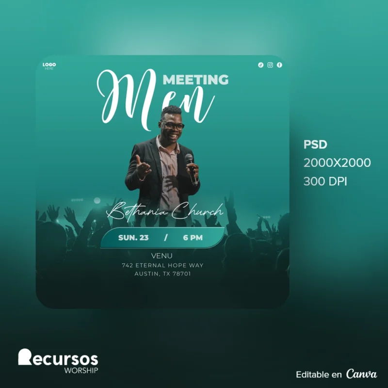 Men's Church Event Poster Template | Blue 1:1 Social Media Canva Design — mockup, 1:1