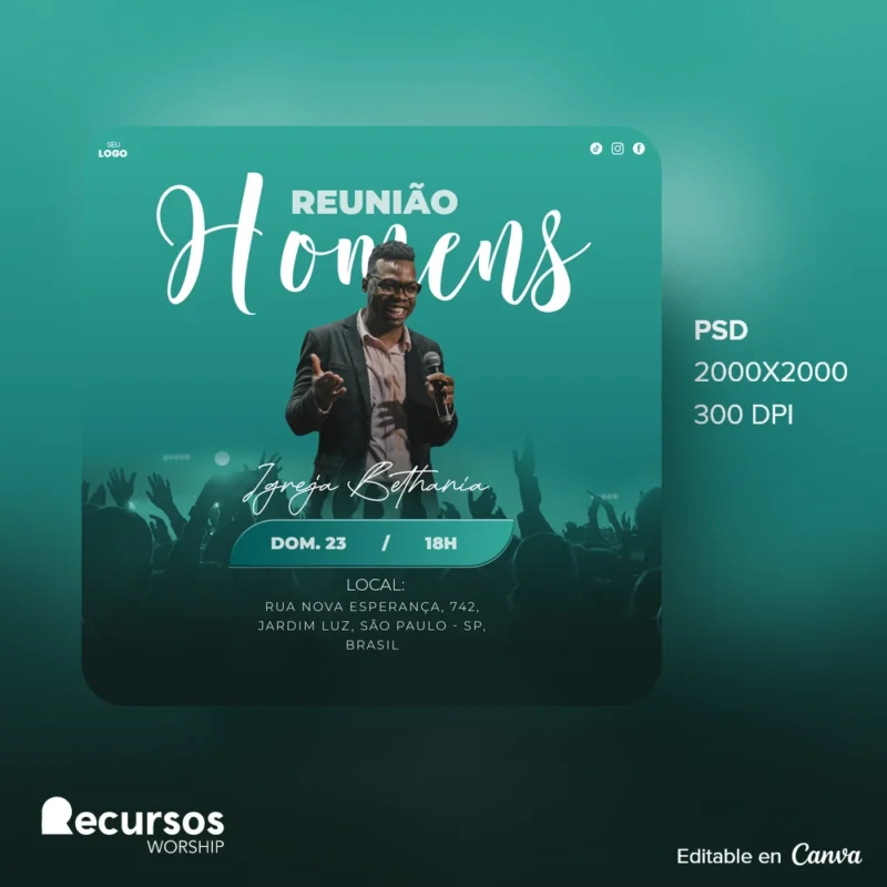 Modelo de pôster para evento de homens em igrejas cristãs | Design Azul 1:1 Redes Canva — mockup, 1:1