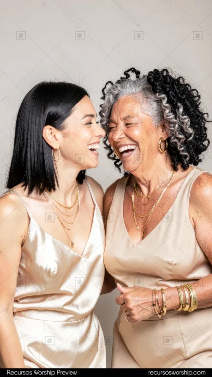 Madre mayor cabello cano rizado e hija joven morena riendo juntas estudio fondo beige vestidos dorados champan joyeria elegante vertical plano medio