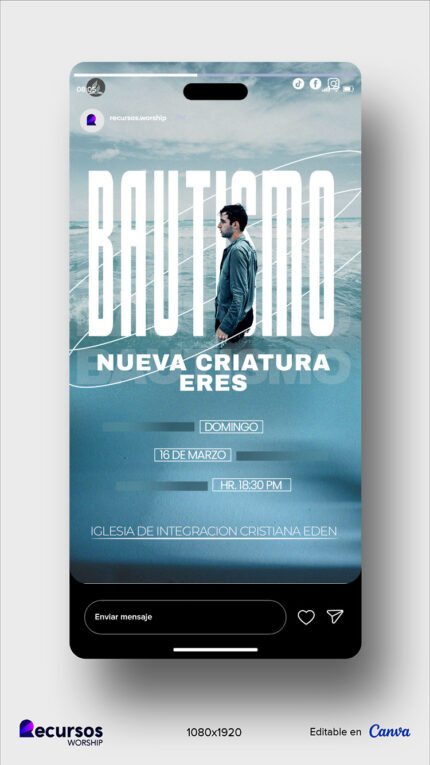 representación digital en smartphone de una invitación de bautismo con estilo contemporáneo