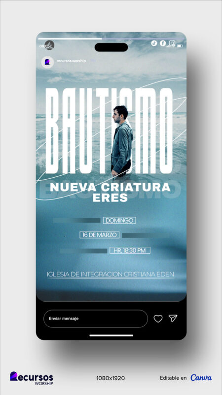 representación digital en smartphone de una invitación de bautismo con estilo contemporáneo