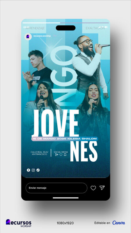 Celular mostrando la interfaz de diseño para servicios de alabanza y adoración