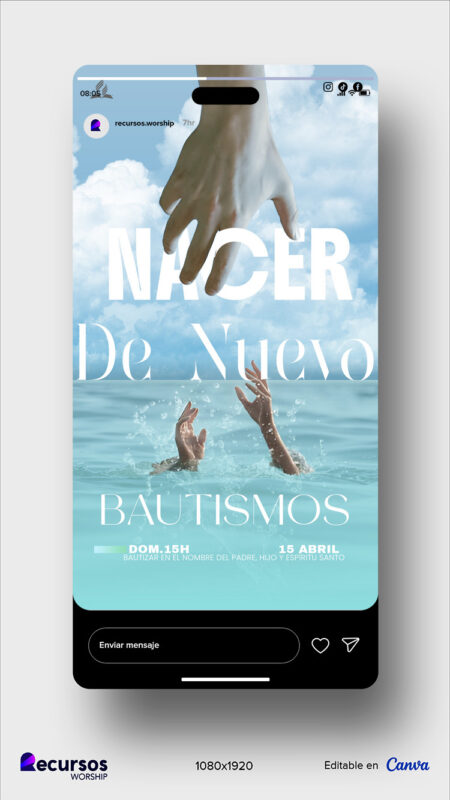 Maqueta para teléfono inteligente mostrando el formato editable de la tarjeta de bautismo
