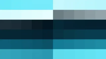 Bloques de píxeles en tonos celeste y teal con bandas horizontales, video loop VJ para escenario de iglesia