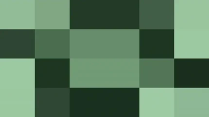 Bloques de píxeles grandes en tonos verde y salvia con ondas concéntricas, video loop VJ para escenario de iglesia