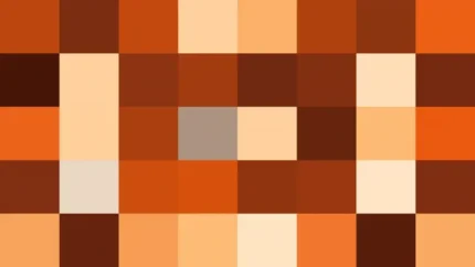Bloques de píxeles en tonos naranja y terracota con efecto lente, video loop VJ para escenario de iglesia