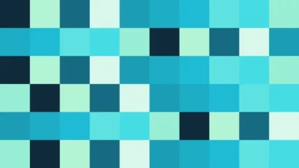 Bloques de píxeles en tonos teal y aguamarina con damero, video loop VJ para escenario de iglesia
