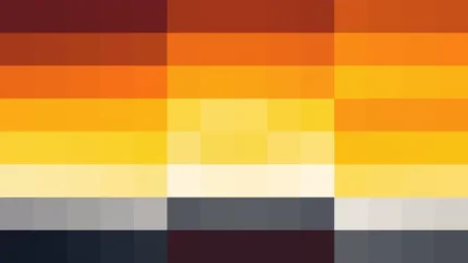 Mosaico de píxeles en tonos amarillo y naranja con barrido vertical, video loop VJ para escenario de iglesia