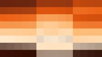 Mosaico de píxeles en tonos naranja y terracota con barrido vertical, video loop VJ para escenario de iglesia