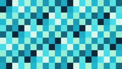 Mosaico de píxeles en tonos teal y aguamarina con damero, video loop VJ para escenario de iglesia