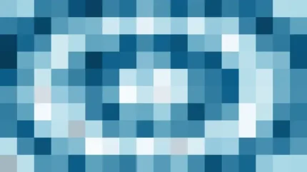 Mosaico de píxeles en tonos teal y celeste con efecto lente, video loop VJ para escenario de iglesia