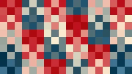 Mosaico de píxeles en tonos teal y rojo, video loop VJ para escenario de iglesia