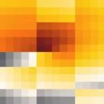 Mosaico denso de píxeles en tonos amarillo y naranja con órbitas, video loop VJ para escenario de iglesia