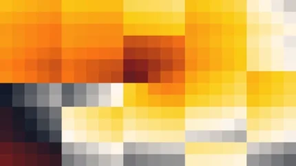 Mosaico denso de píxeles en tonos amarillo y naranja con órbitas, video loop VJ para escenario de iglesia