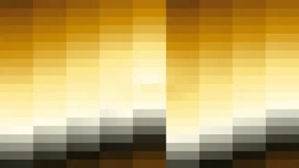 Mosaico denso de píxeles en tonos amarillo y terracota con barrido vertical, video loop VJ para escenario de iglesia