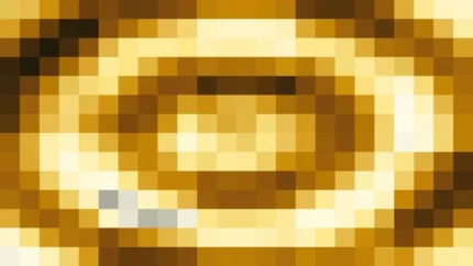 Mosaico denso de píxeles en tonos amarillo y terracota con efecto lente, video loop VJ para escenario de iglesia
