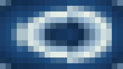 Mosaico denso de píxeles en tonos azul y marino con ondas concéntricas, video loop VJ para escenario de iglesia
