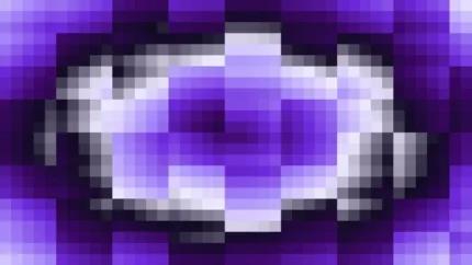 Mosaico denso de píxeles en tonos azul y violeta con ondas concéntricas, video loop VJ para escenario de iglesia