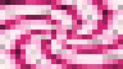 Mosaico denso de píxeles en tonos magenta con caleidoscopio, video loop VJ para escenario de iglesia