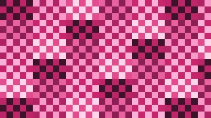 Mosaico denso de píxeles en tonos magenta con damero, video loop VJ para escenario de iglesia