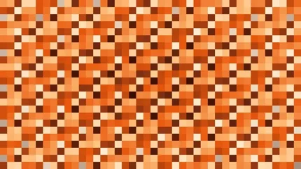 Mosaico denso de píxeles en tonos naranja y terracota con destellos, video loop VJ para escenario de iglesia