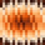 Mosaico denso de píxeles en tonos naranja y terracota con ondas concéntricas, video loop VJ para escenario de iglesia