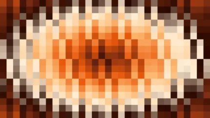 Mosaico denso de píxeles en tonos naranja y terracota con ondas concéntricas, video loop VJ para escenario de iglesia