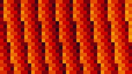 Mosaico denso de píxeles en tonos rojo y amarillo, video loop VJ para escenario de iglesia