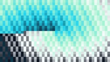 Mosaico denso de píxeles en tonos teal y aguamarina con órbitas, video loop VJ para escenario de iglesia