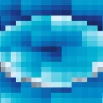 Mosaico denso de píxeles en tonos teal y azul con túnel, video loop VJ para escenario de iglesia