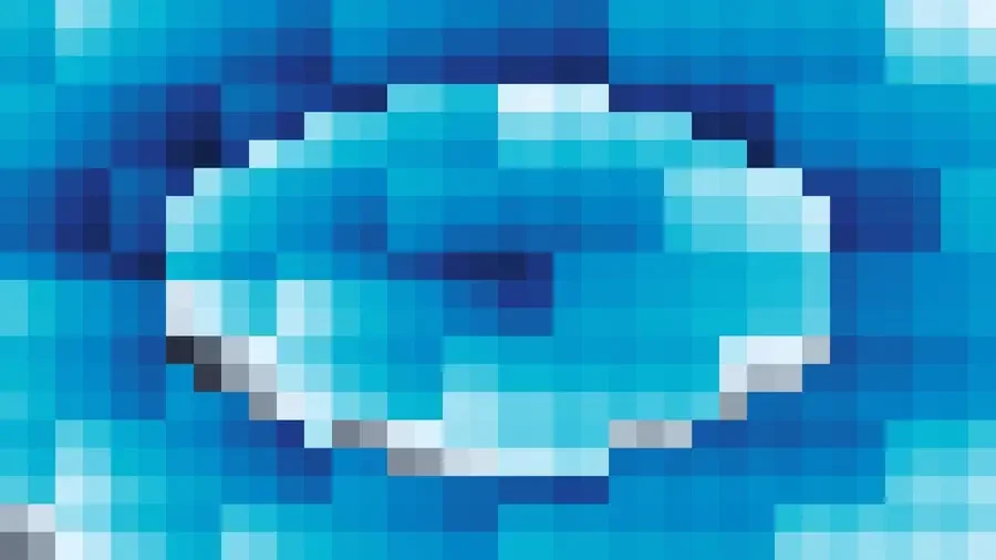 Mosaico denso de píxeles en tonos teal y azul con túnel, video loop VJ para escenario de iglesia