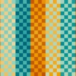 Mosaico denso de píxeles en tonos teal y amarillo, video loop VJ para escenario de iglesia