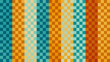Mosaico denso de píxeles en tonos teal y amarillo, video loop VJ para escenario de iglesia