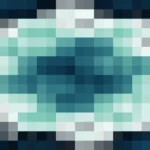 Mosaico denso de píxeles en tonos teal y oscuro con ondas concéntricas, video loop VJ para escenario de iglesia