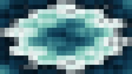 Mosaico denso de píxeles en tonos teal y oscuro con ondas concéntricas, video loop VJ para escenario de iglesia