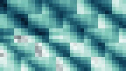 Mosaico denso de píxeles en tonos teal y oscuro con prisma, video loop VJ para escenario de iglesia
