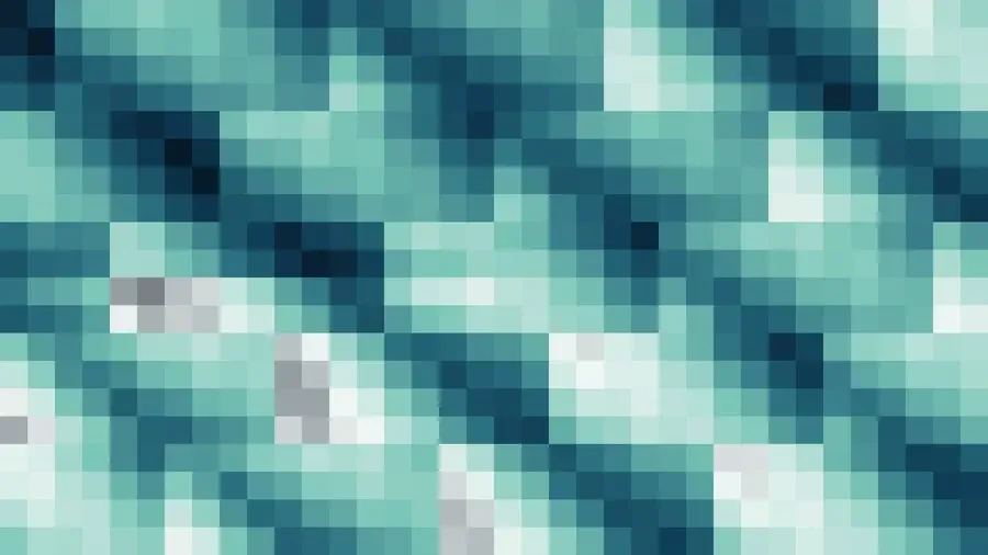 Mosaico denso de píxeles en tonos teal y oscuro con prisma, video loop VJ para escenario de iglesia