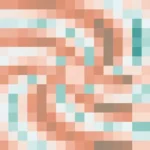 Mosaico denso de píxeles en tonos turquesa y melocotón con caleidoscopio, video loop VJ para escenario de iglesia