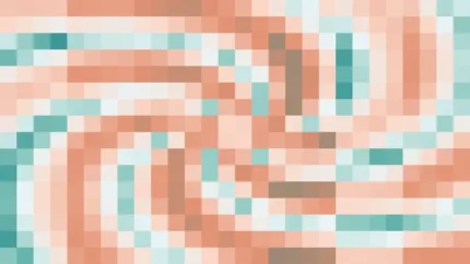 Mosaico denso de píxeles en tonos turquesa y melocotón con caleidoscopio, video loop VJ para escenario de iglesia