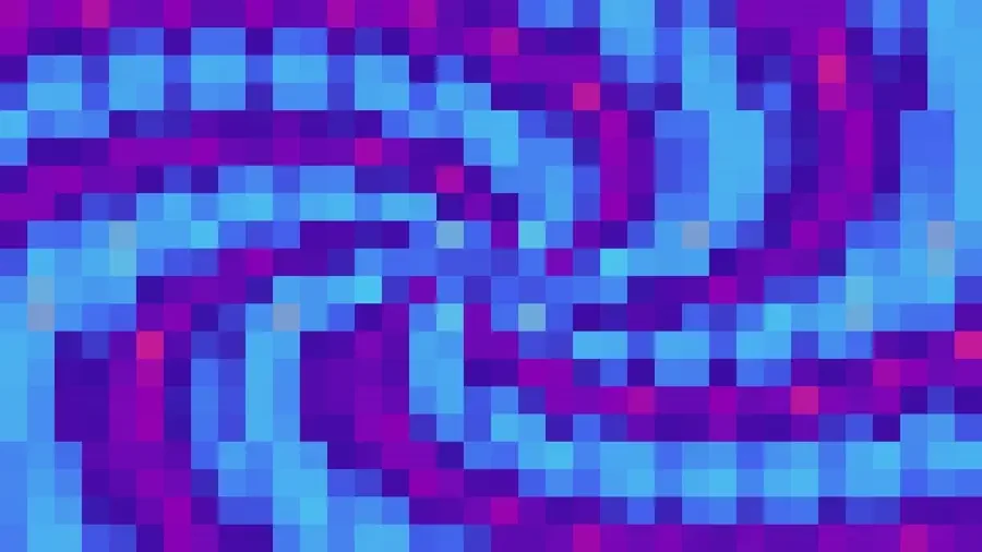 Mosaico denso de píxeles en tonos violeta y magenta con caleidoscopio, video loop VJ para escenario de iglesia