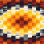 Trama de micro píxeles en tonos amarillo y naranja con ondas concéntricas, video loop VJ para escenario de iglesia